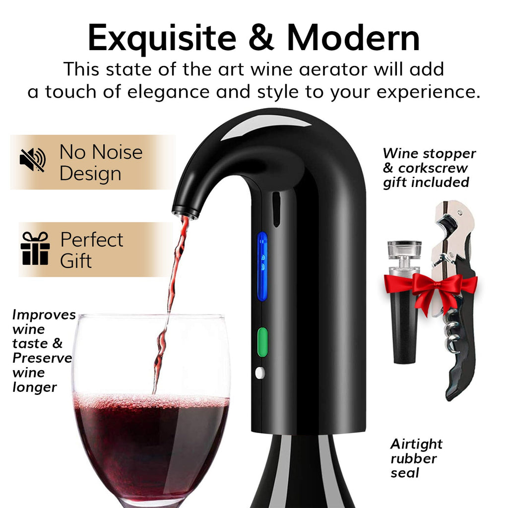 Electric wine aerator dispenser attached to a wine bottle pouring red wine into a glass — view 4