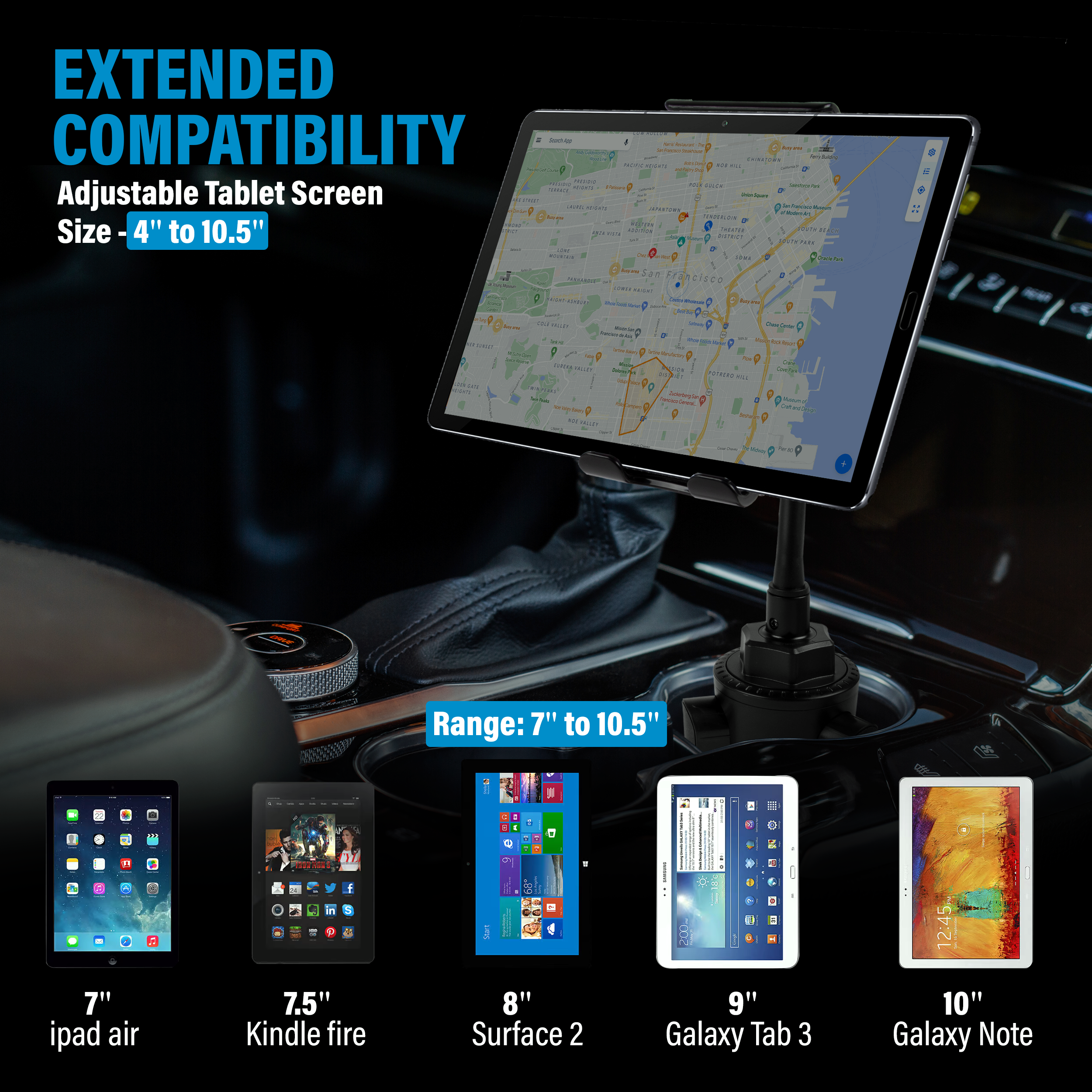 Black 2-in-1 universal cup holder car mount for smartphones and tablets with flexible gooseneck — view 4