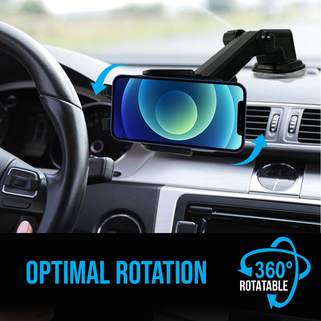 360 car phone mount holder attached to a vehicle dashboard displaying a smartphone screen securely. — view 2