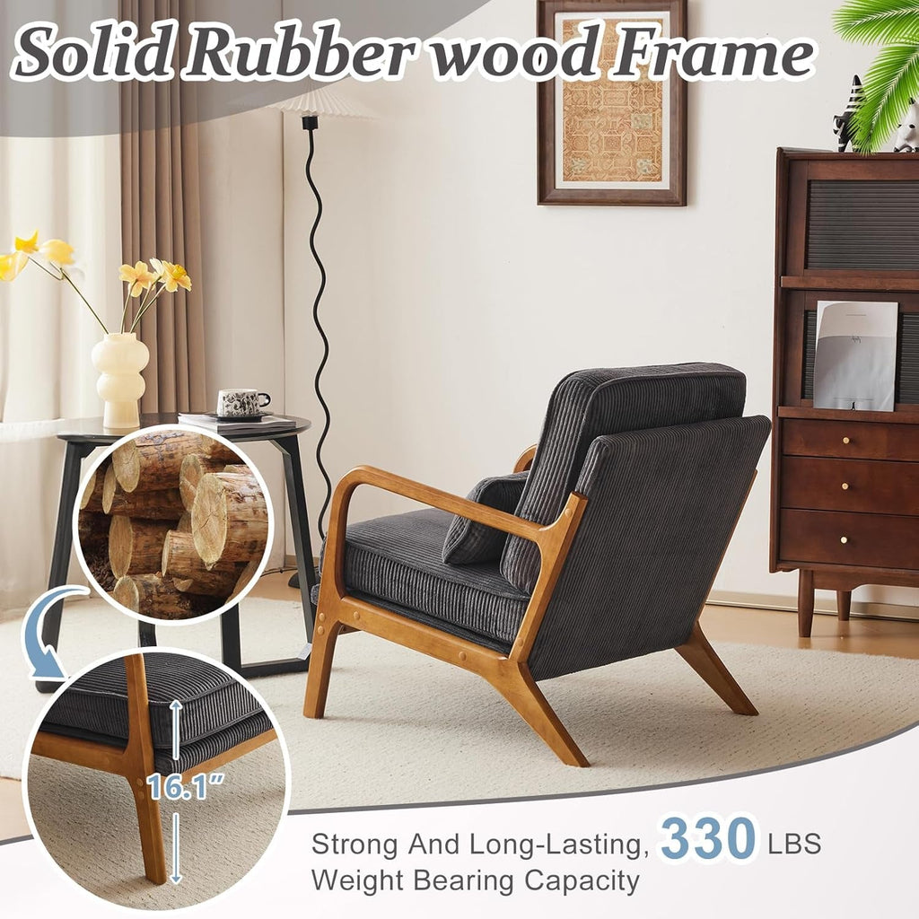 Dark grey corduroy upholstered accent chair with solid wood frame and dedicated lumbar support pillow — view 5