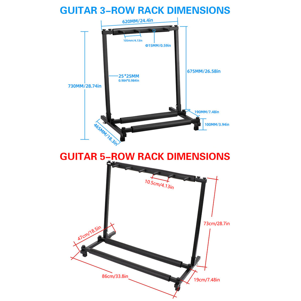 Matte black metal multi guitar stand displaying acoustic and electric guitars securely on floor. — view 3