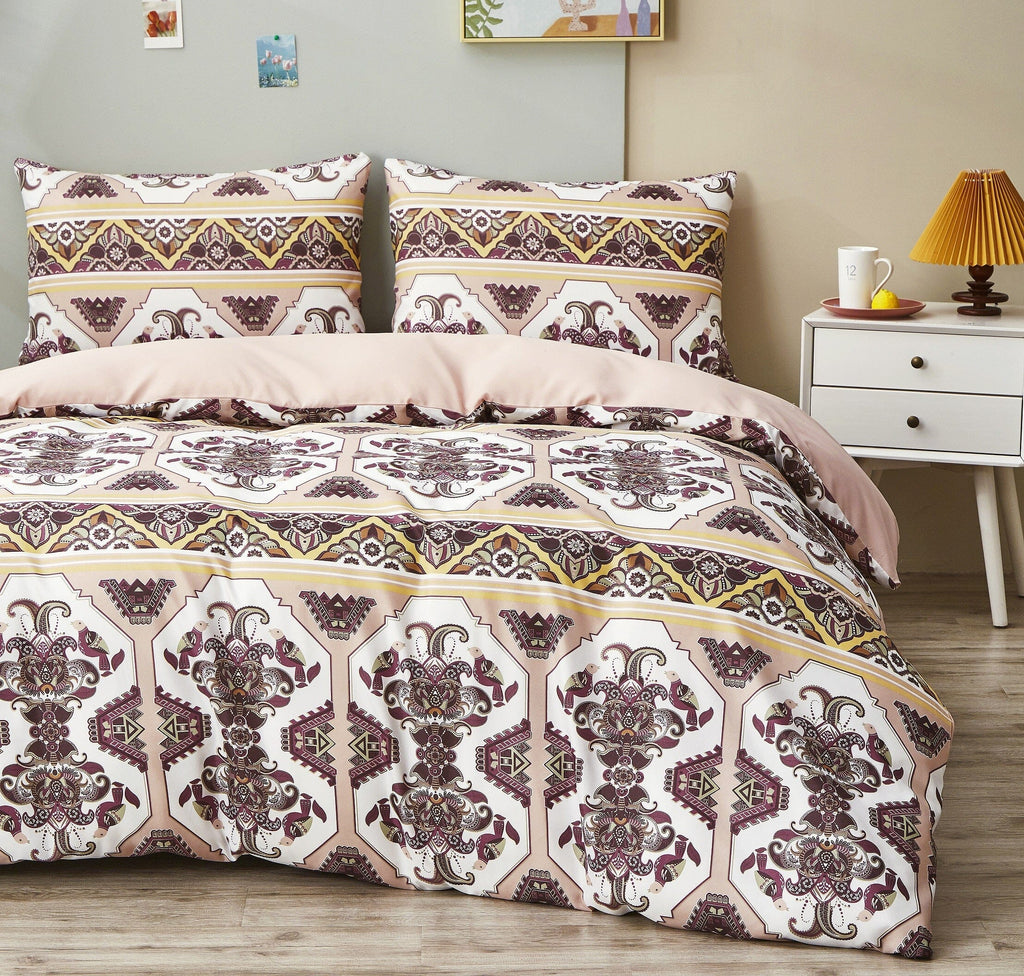 Oriental kilim duvet cover set featuring intricate burgundy and mustard geometric floral patterns