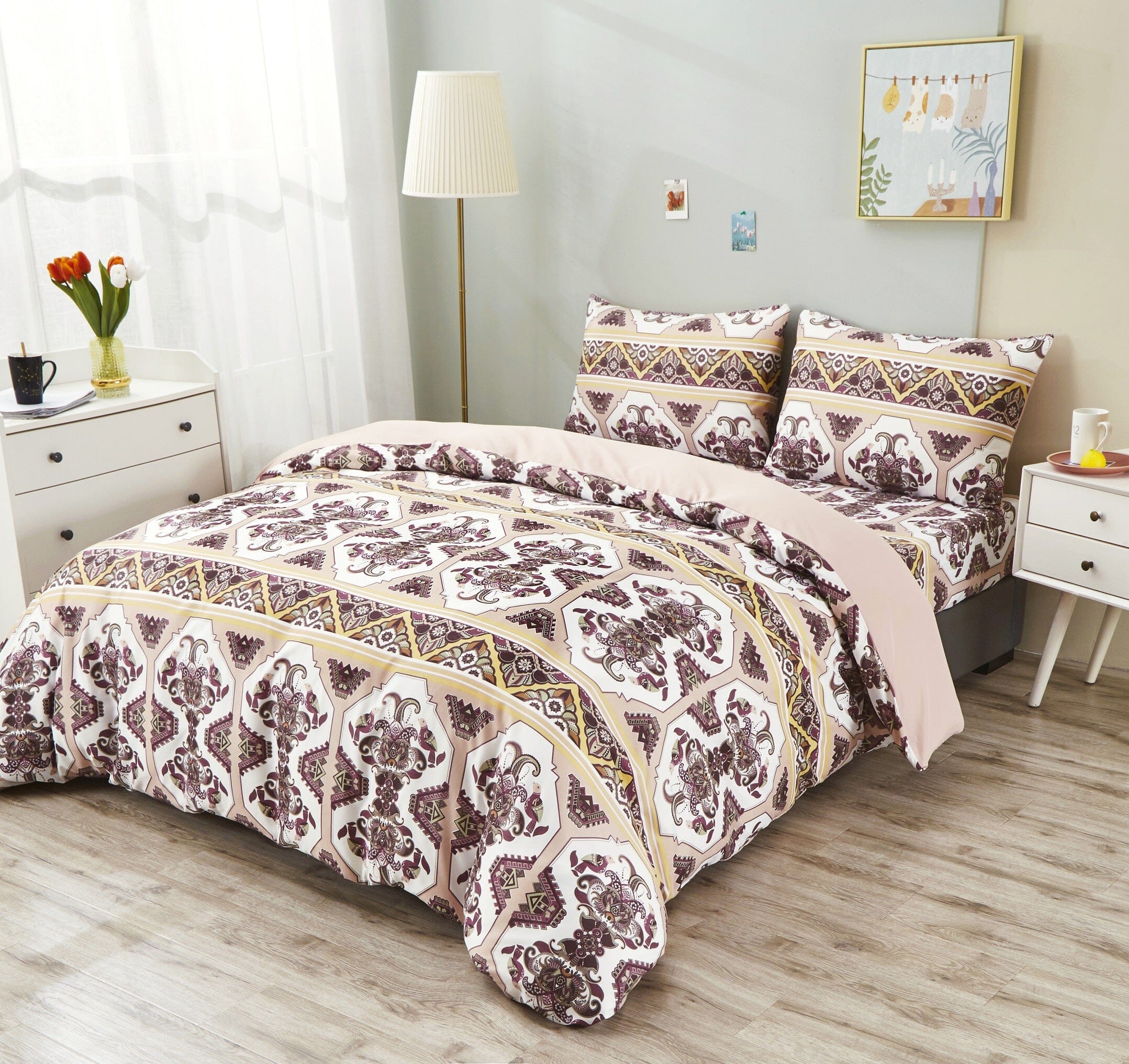 Oriental kilim duvet cover set featuring intricate burgundy and mustard geometric floral patterns — view 2