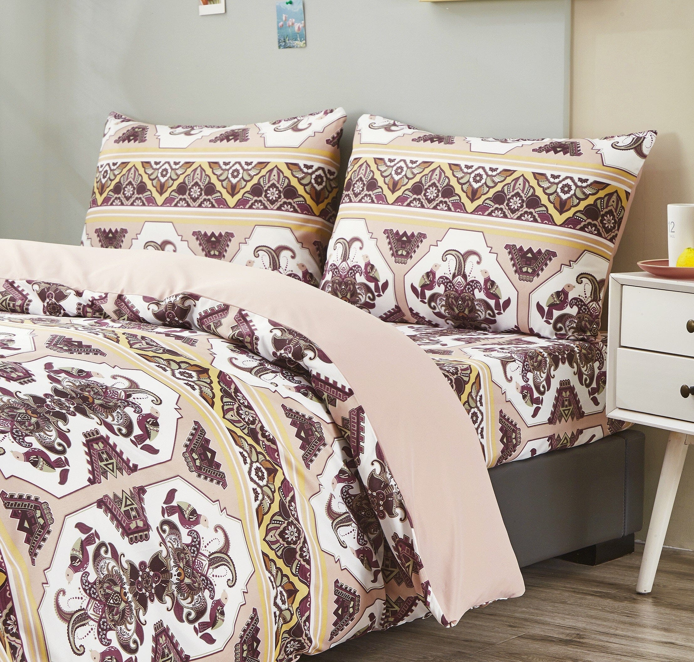 Oriental kilim duvet cover set featuring intricate burgundy and mustard geometric floral patterns — view 3