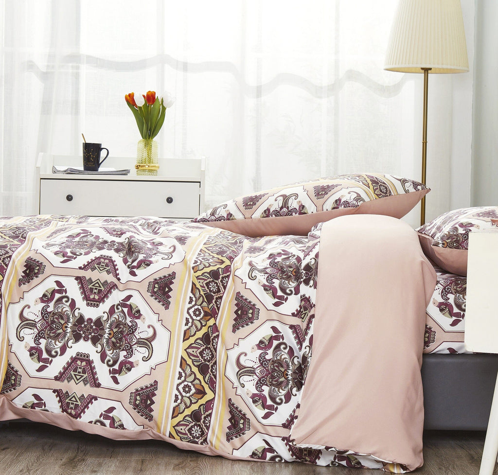 Oriental kilim duvet cover set featuring intricate burgundy and mustard geometric floral patterns — view 4