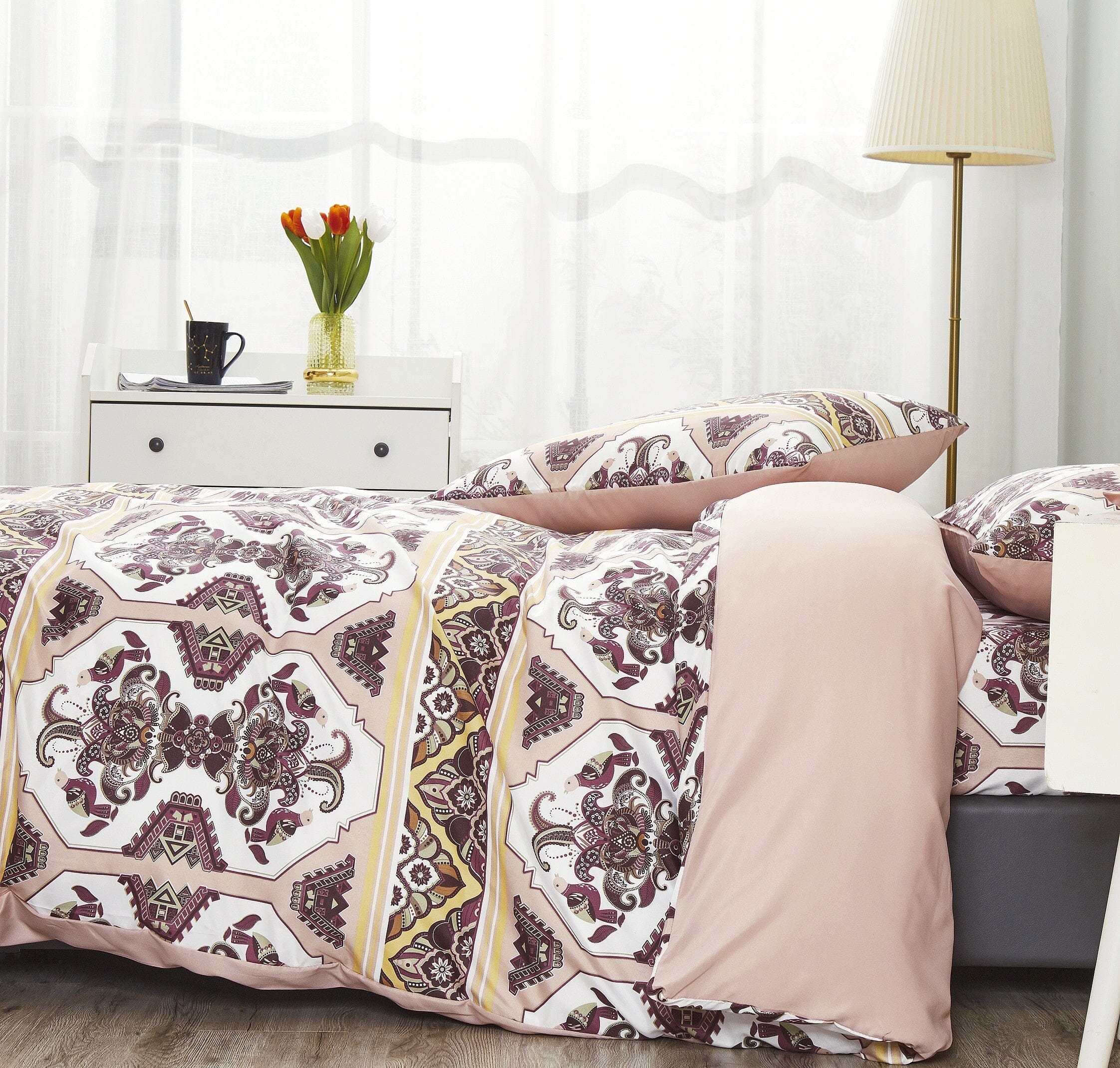 Oriental kilim duvet cover set featuring intricate burgundy and mustard geometric floral patterns — view 4