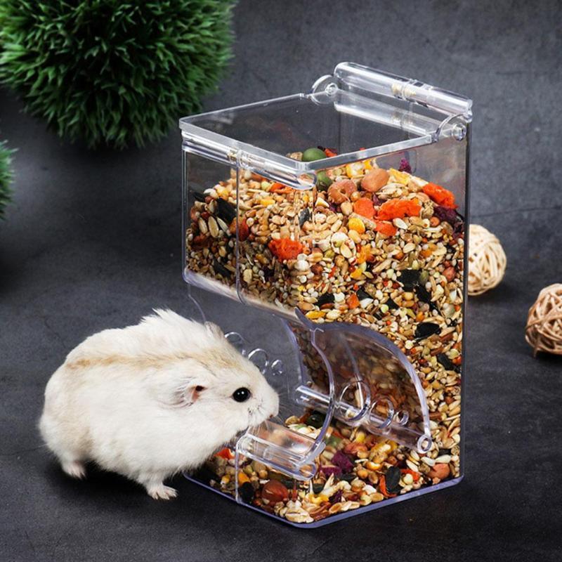 Transparent plastic hamster feeder food box attached securely to small pet cage wire