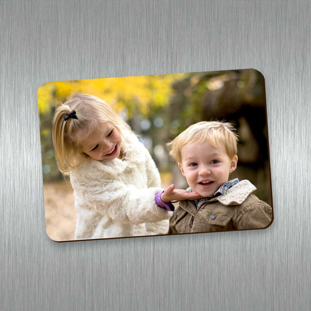 Custom photo refrigerator magnet displaying personalized engagement save the date details and baby shower announcement — view 3