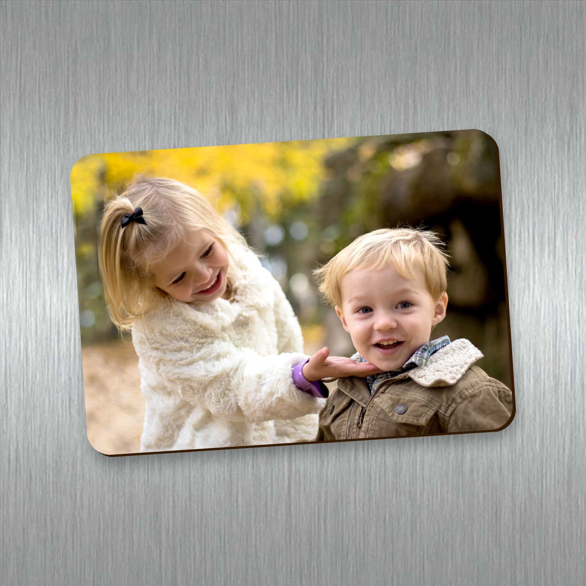 Custom photo refrigerator magnet displaying personalized engagement save the date details and baby shower announcement — view 3