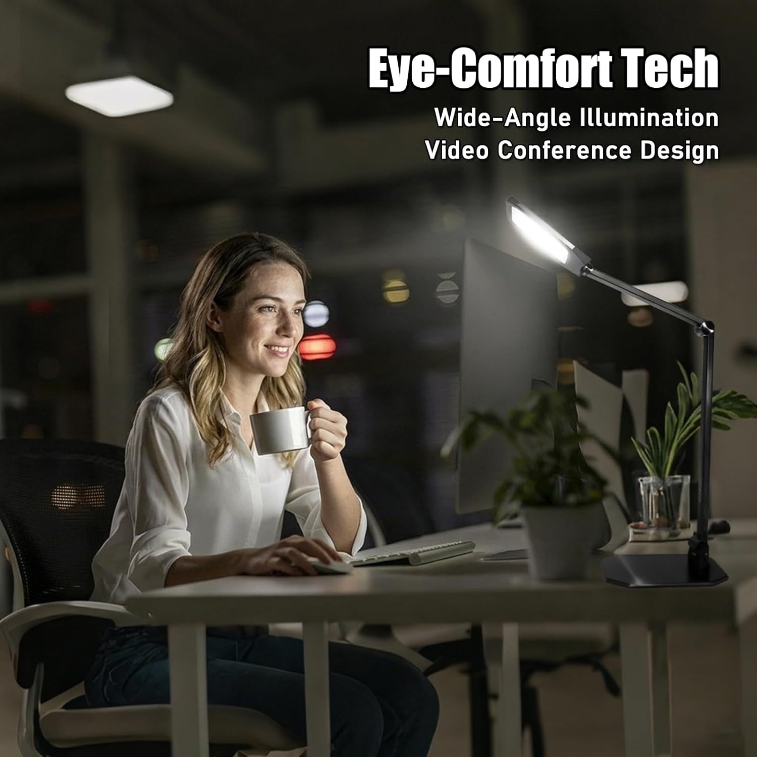 Professional dimmable LED desk lamp with integrated webcam lighting for home office workspaces — view 3