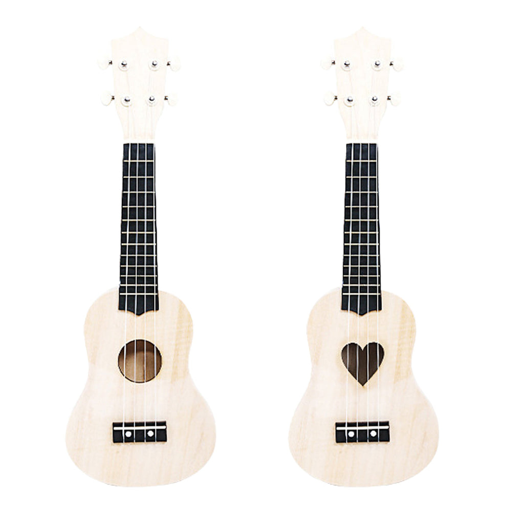 Unassembled 21-inch blank wood DIY ukulele kit with neck, fretboard, strings, and heart sound hole — view 2