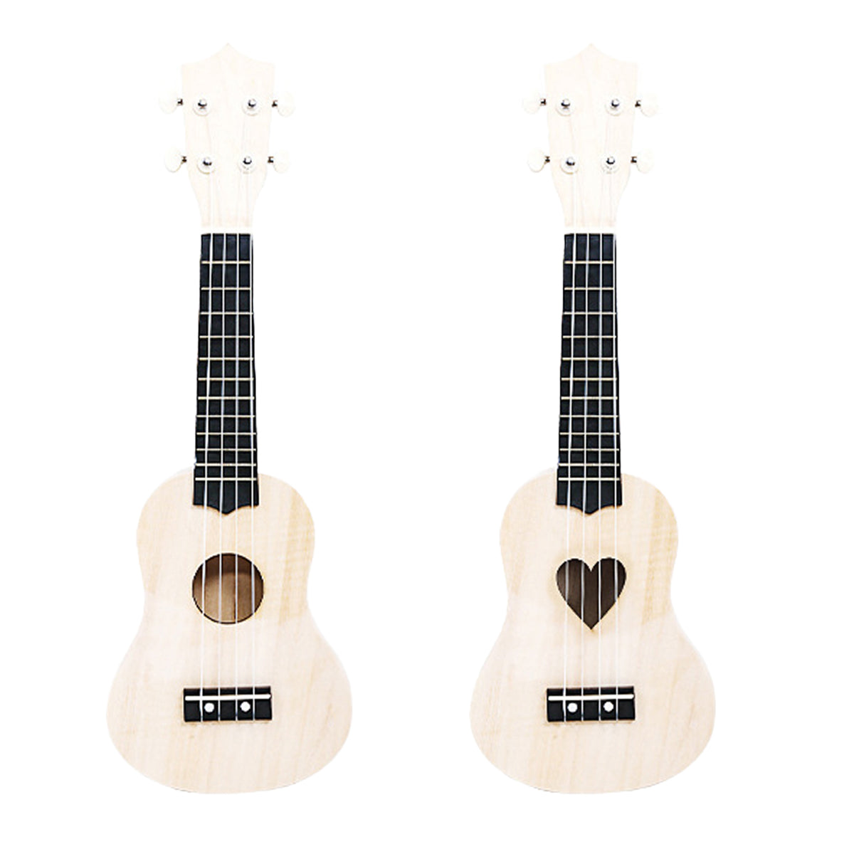 Unassembled 21-inch blank wood DIY ukulele kit with neck, fretboard, strings, and heart sound hole — view 2
