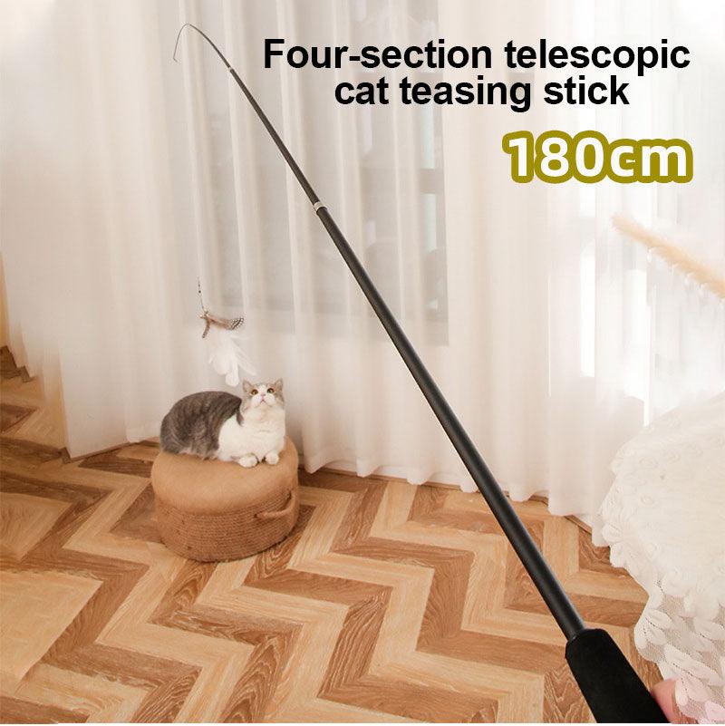 Extendable feather teaser cat toy wand with vibrant attachments and a long metallic telescopic handle