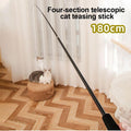 Extendable feather teaser cat toy wand with vibrant attachments and a long metallic telescopic handle