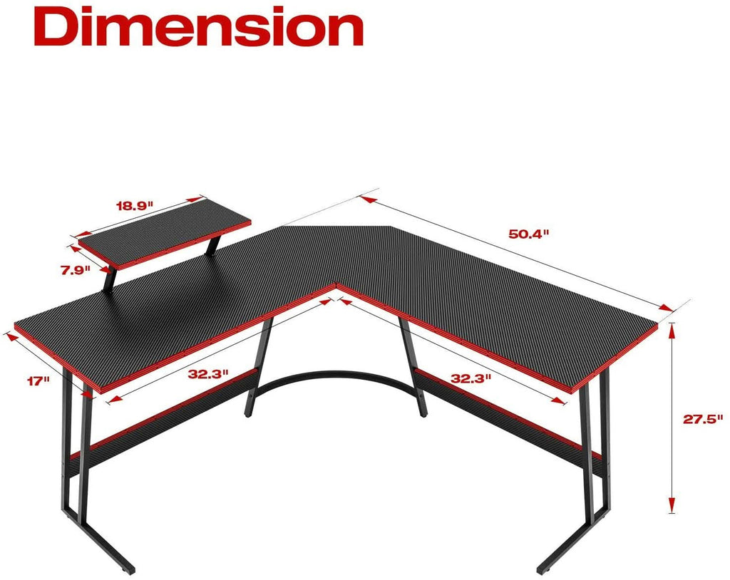 Black L-shaped gaming desk with carbon fiber finish, red accents, monitor riser, and metal Z-shaped legs — view 3