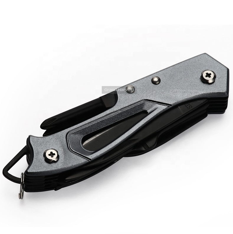 440 stainless steel folding pocket multi-tool knife with visible saw, scissors, and bottle opener tools. — view 3