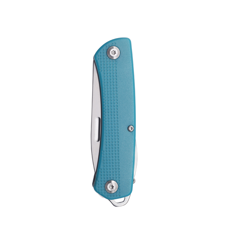 7-in-1 stainless steel pocket knife multitool with black plastic handle and multiple deployed utility blades — view 3