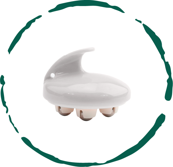 White rolling body massager with three stainless steel massage balls and an ergonomic ABS handle