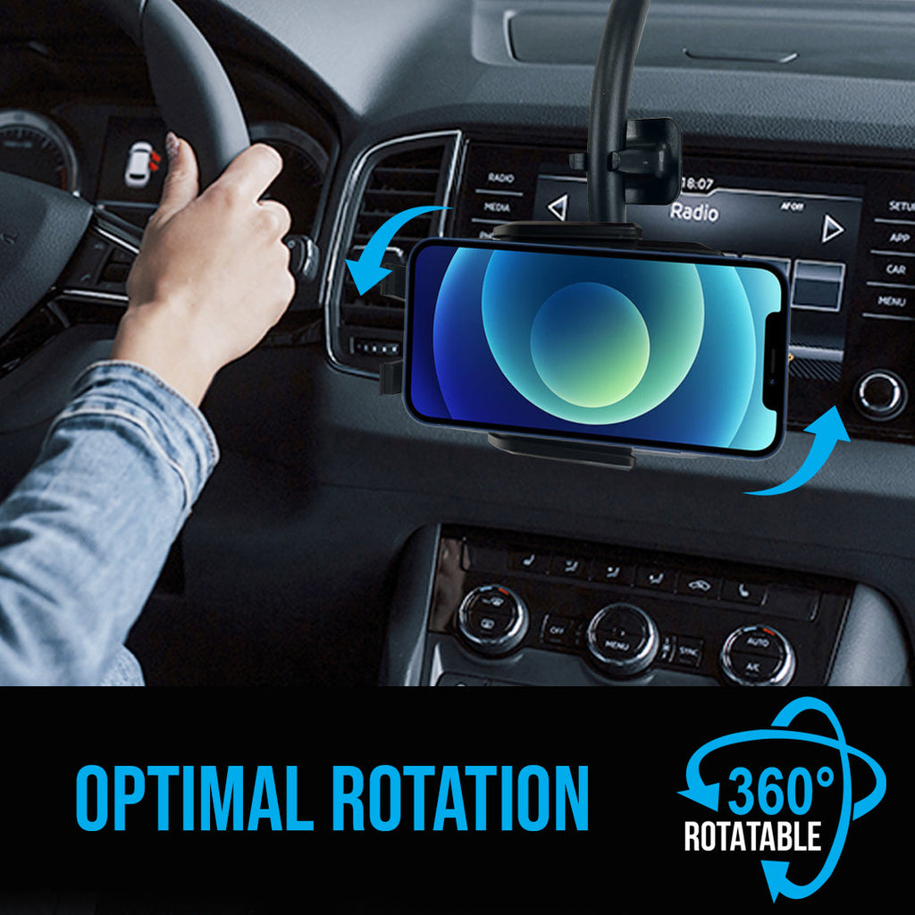 Black long neck car phone mount with anti-shake cradle holding a smartphone on a dashboard — view 2