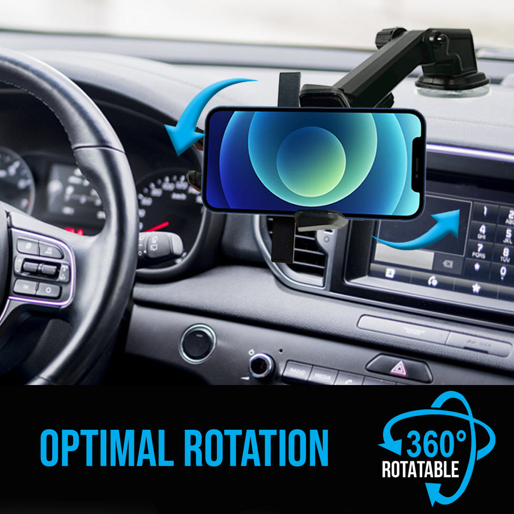 Adjustable long neck car phone mount with one touch release holding a smartphone on dashboard — view 2