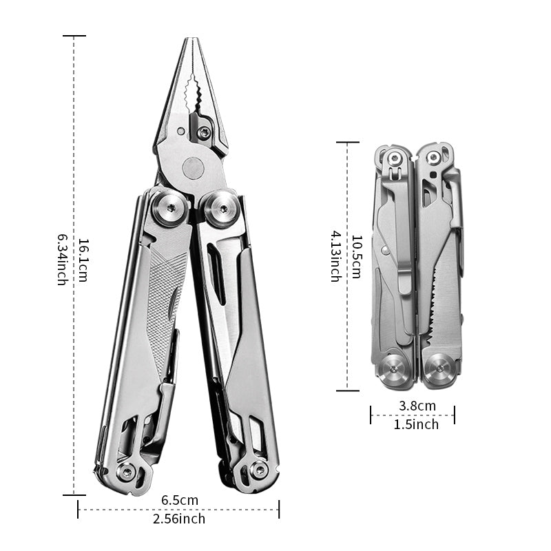 Silvery 18-in-1 stainless steel folding multitool showing pliers, knife, saw, and pocket clip. — view 3