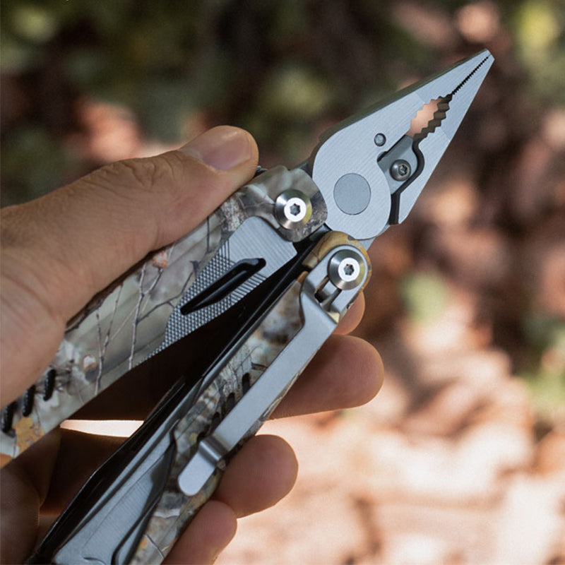 Wautton 17-in-1 folding outdoor survival multitool showing open pliers blades and various screwdriver attachments