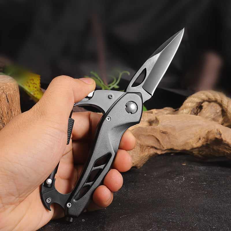 EDC carabiner multitool knife featuring a sharp stainless steel blade and rugged aluminum handle — view 4
