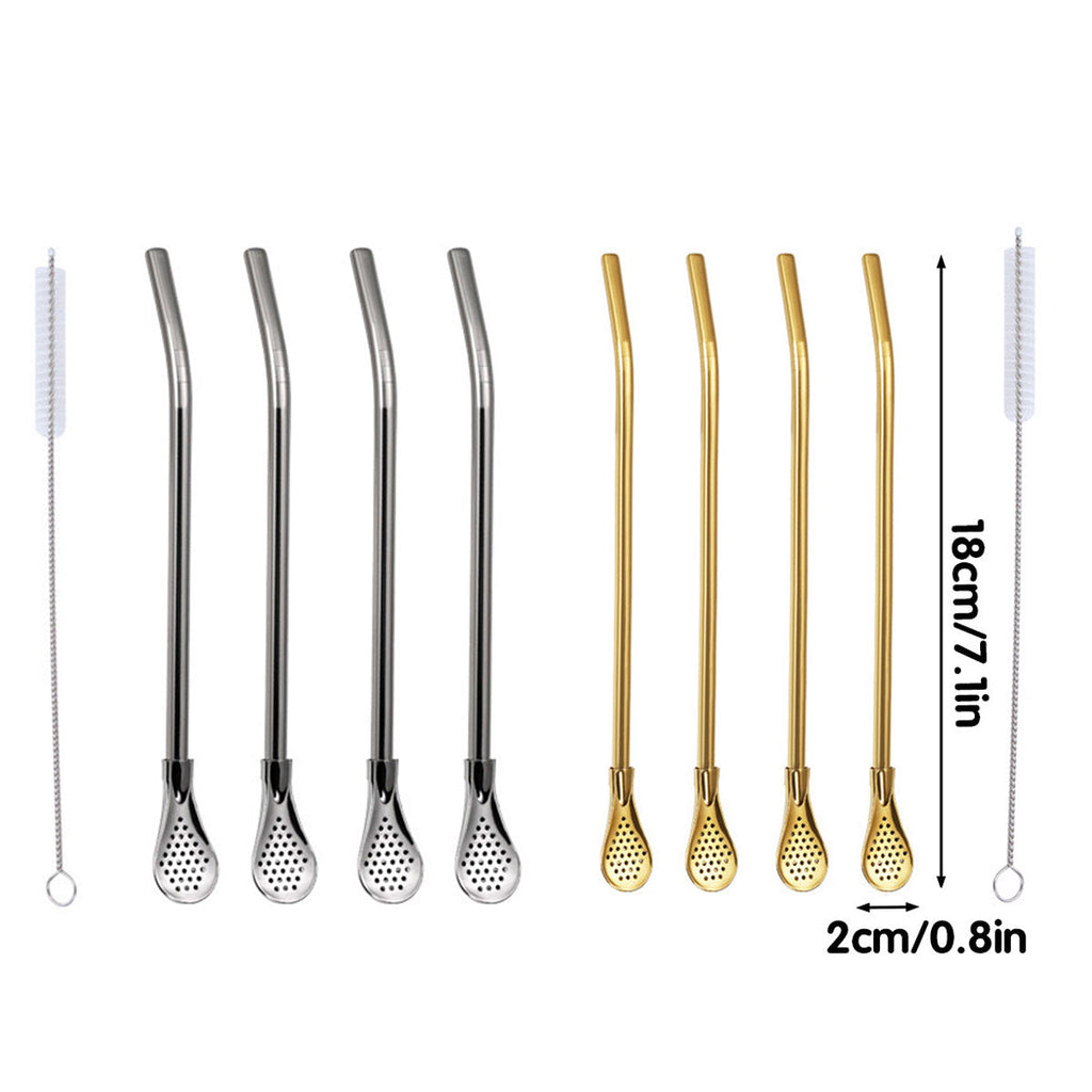 Reusable stainless steel straw spoon set with removable filter and cleaning brush for hot beverages — view 3