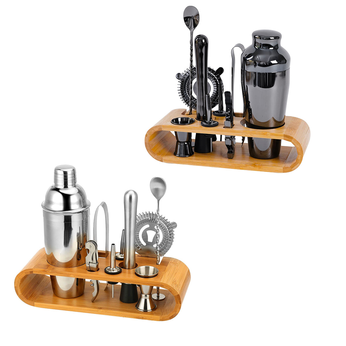 Stainless steel cocktail shaker set with mixing tools organized on a wooden bamboo display stand — view 2
