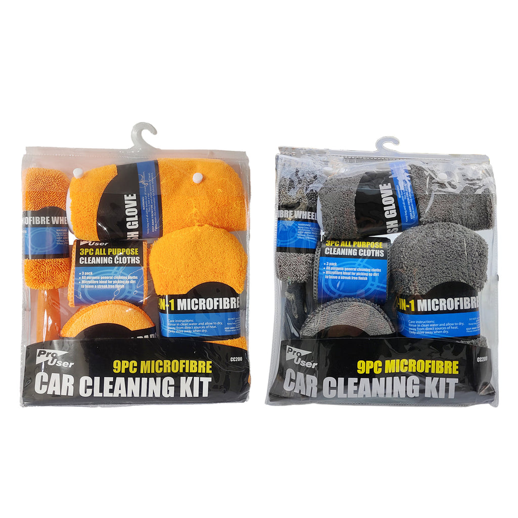 9-piece microfiber car cleaning kit featuring a wash mitt, wheel brush, waxing pads, and towels. — view 2