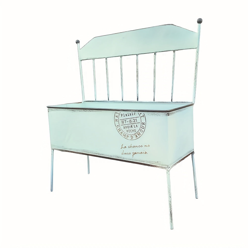 Vintage chair garden planter in cream metal with a square wooden base and built-in drainage — view 3