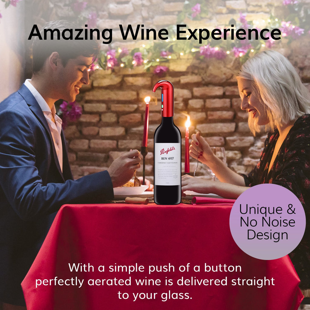Electric wine aerator dispenser attached to a wine bottle pouring red wine into a glass — view 5