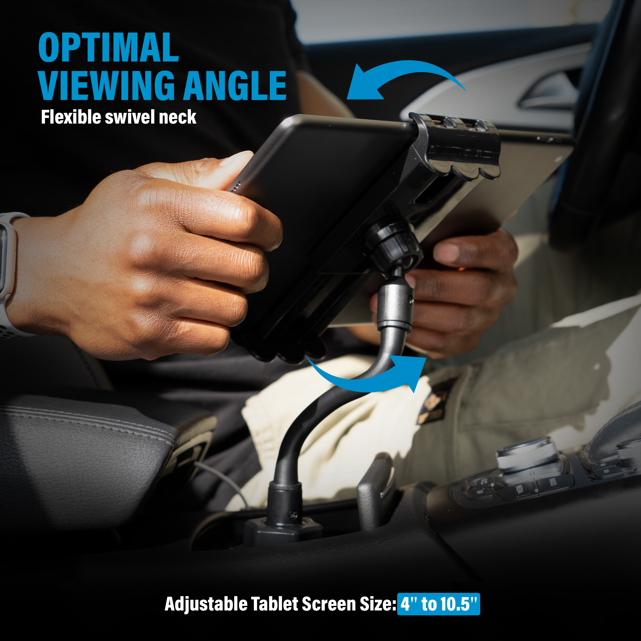 Black 2-in-1 universal cup holder car mount for smartphones and tablets with flexible gooseneck — view 2