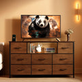 Rustic brown wood grain 8-drawer dresser and TV stand with open shelves and LED lighting