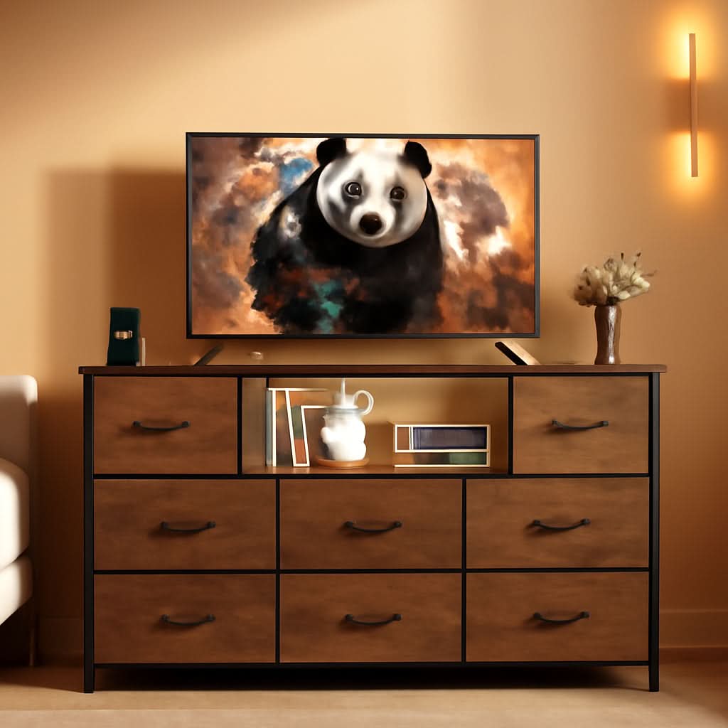 Rustic brown wood grain 8-drawer dresser and TV stand with open shelves and LED lighting