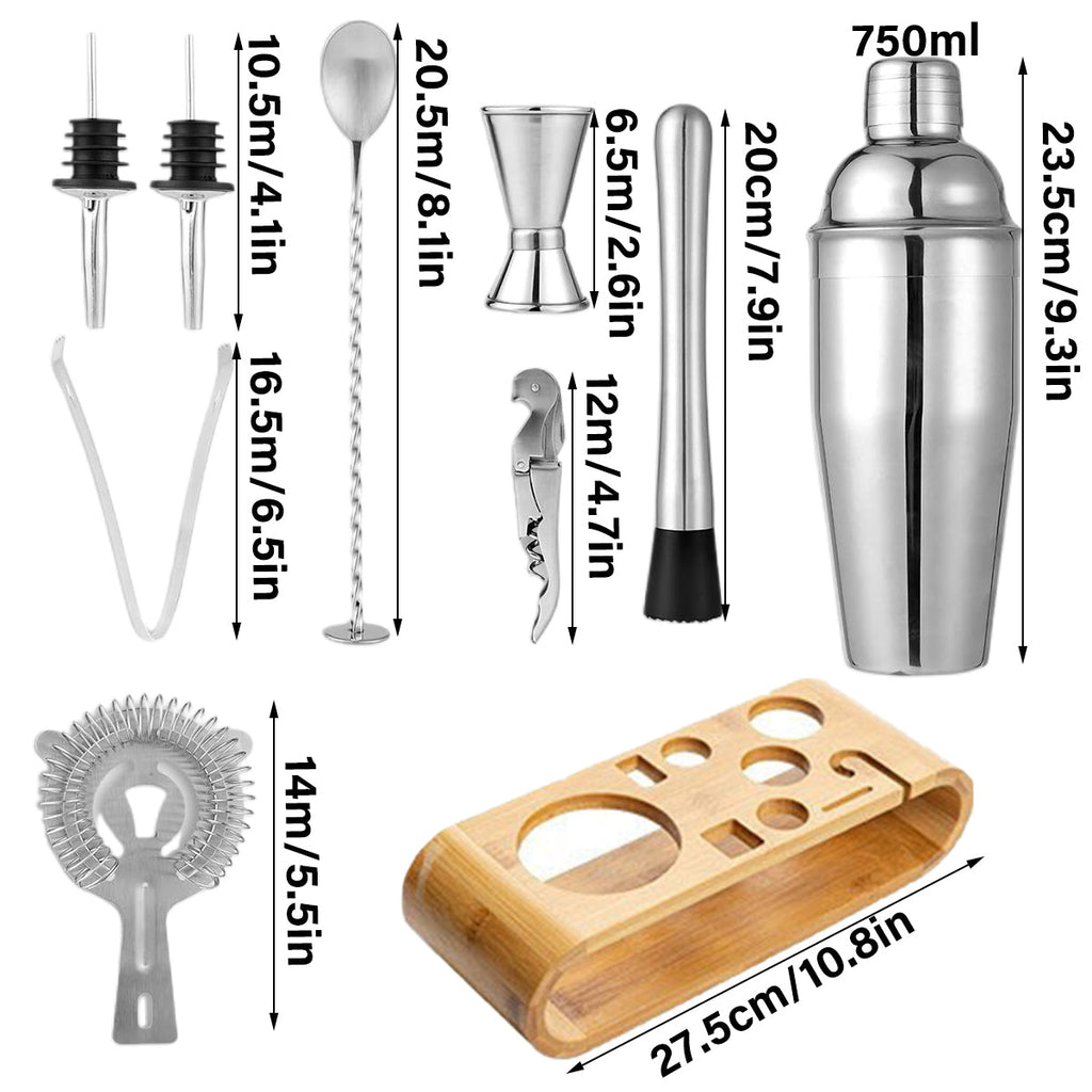 Stainless steel cocktail shaker set with mixing tools organized on a wooden bamboo display stand — view 3