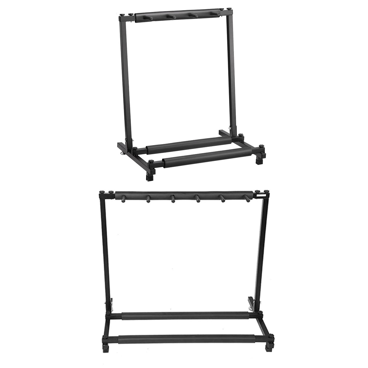 Matte black metal multi guitar stand displaying acoustic and electric guitars securely on floor. — view 2