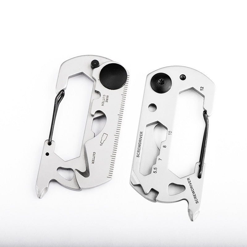 Black 10-in-1 stainless steel EDC pocket multitool with carabiner wrenches and screwdrivers for outdoor survival — view 4