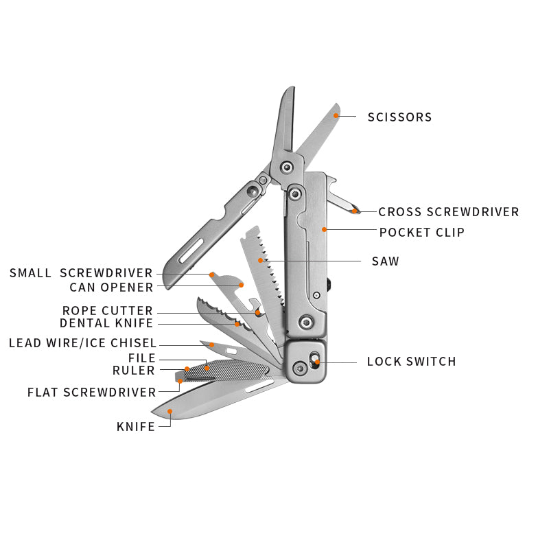 Stainless steel folding pocket multitool pliers with keychain attachment, featuring various extended functional tool blades — view 4