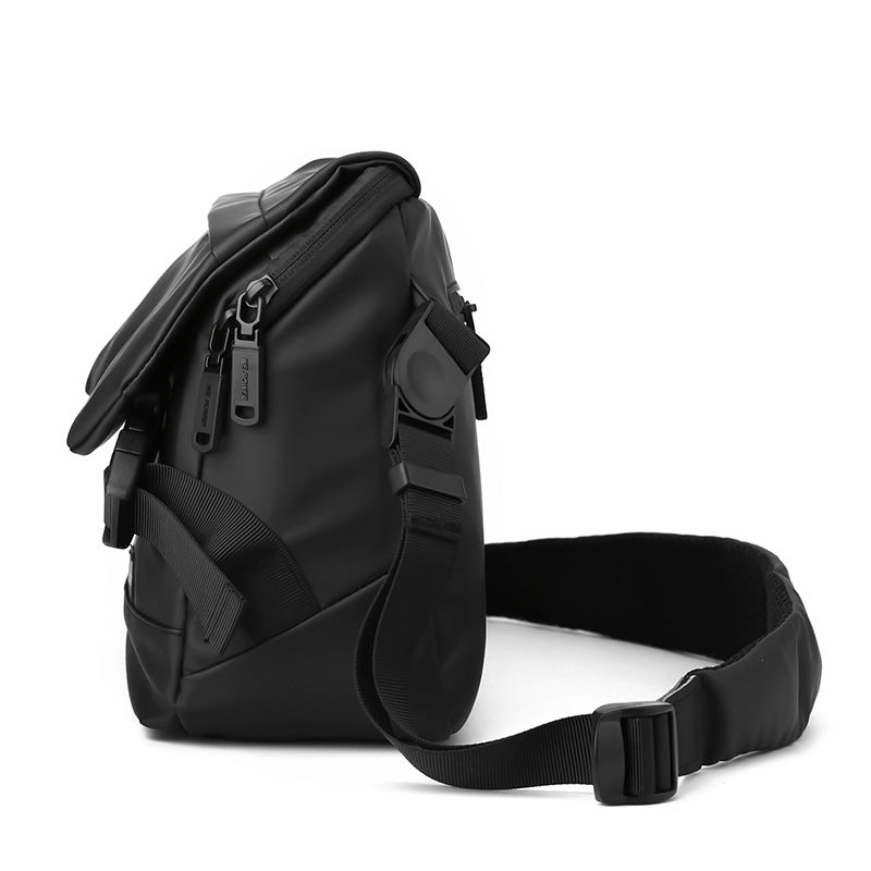 Black water-resistant minimalist men's messenger bag with adjustable shoulder strap and sleek flap design. — view 3
