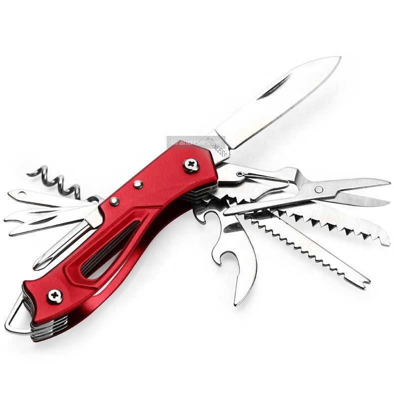 440 stainless steel folding pocket multi-tool knife with visible saw, scissors, and bottle opener tools. — view 4