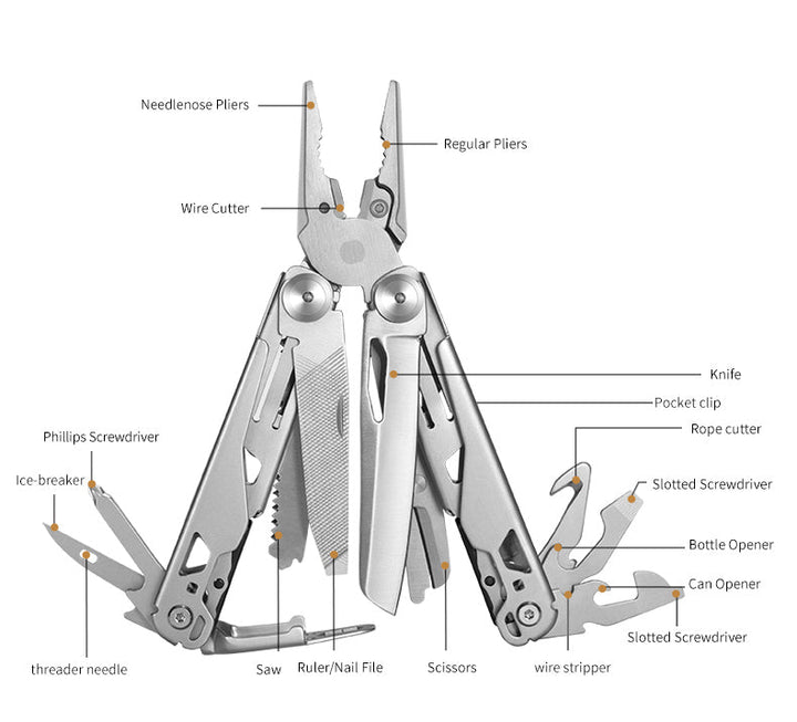 18 in 1 Silvery Outdoor Multitool Pliers Stainless Steel Folding Full Locking Combination Camping Multitool Pliers With Bits Driver