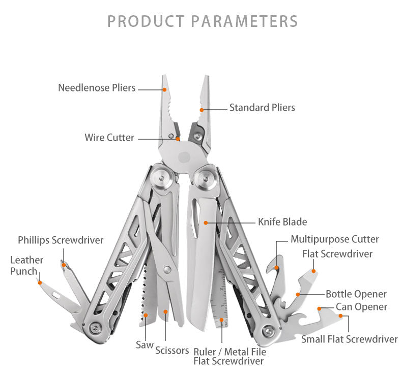 Stainless steel foldable multitool with open pliers scissors screwdriver and saw on a white background — view 4