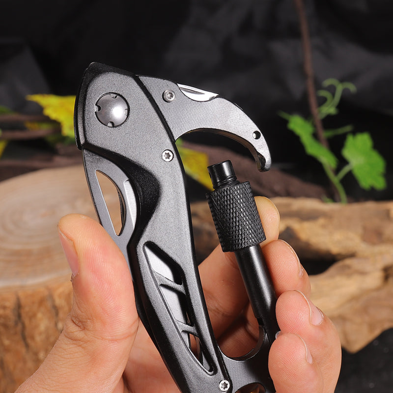 EDC carabiner multitool knife featuring a sharp stainless steel blade and rugged aluminum handle — view 5