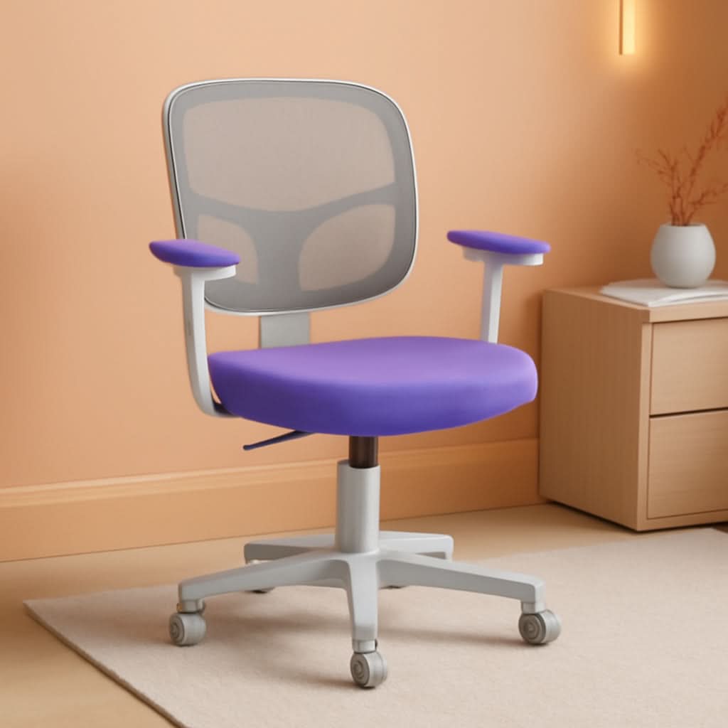Violet ergonomic kids desk chair with breathable mesh back, armrests, and rolling casters.