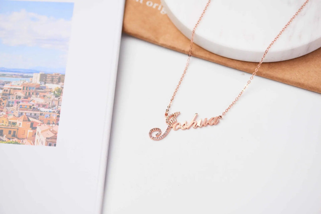 Personalized full silver diamond pendant necklace displaying custom nameplate on adjustable chain — view 5