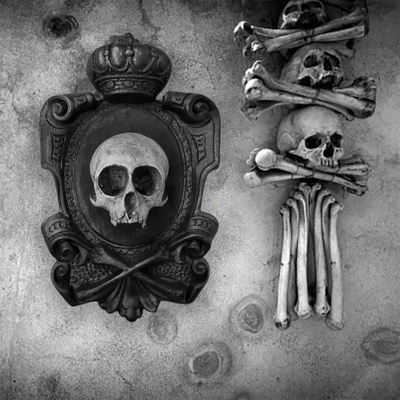 Vintage gothic skull head wall hanging pendant made of intricately carved durable beige resin — view 5