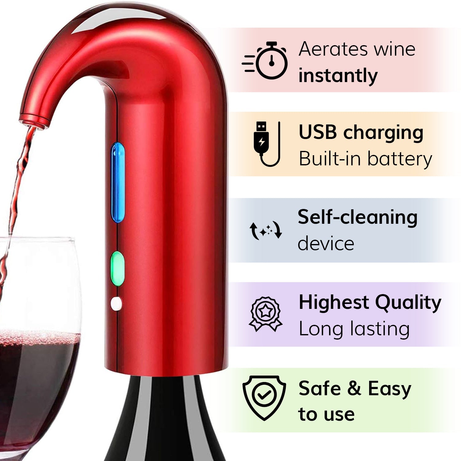 Electric wine aerator dispenser attached to a wine bottle pouring red wine into a glass — view 3