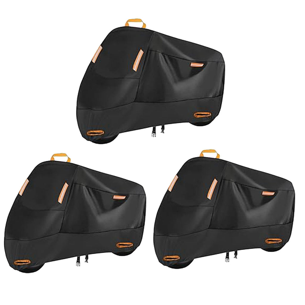 Black waterproof motorcycle cover over a bike featuring reflective safety strips and secure windproof straps — view 2