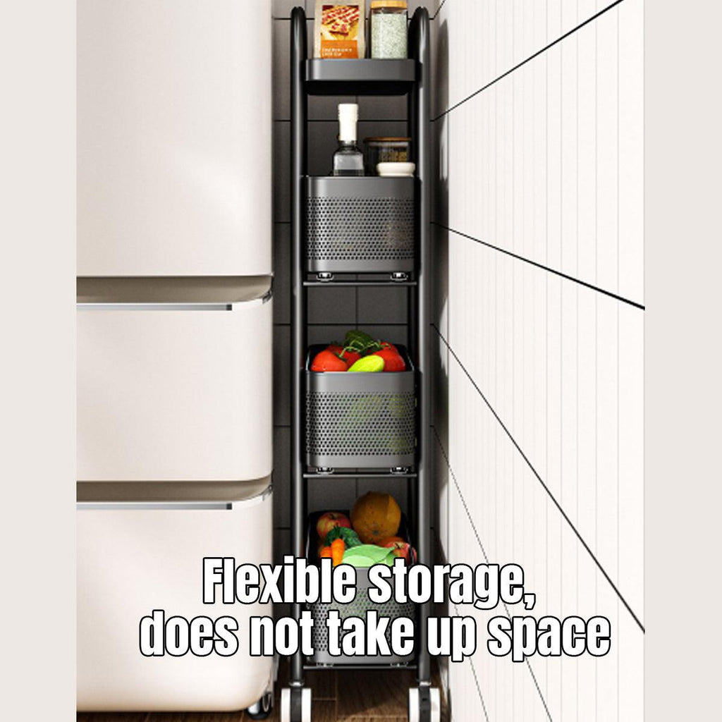Three-tier slim metal storage trolley with smooth-rolling wheels and perforated baskets for tight spaces. — view 4